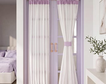Custom Lavender Color Block French Door Curtain, Semi‑Sheer Rod Pocket Door Panel with Matching Tieback