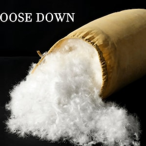 Könnte beinhalten: Ein beiger Stoffbeutel, aus dem weiche, weiße Gänsedaunen quellen. Der Text "GOOSE DOWN" ist weiß oben im Bild zu sehen. Die Daunen sind ein weiches, federleichtes Material.