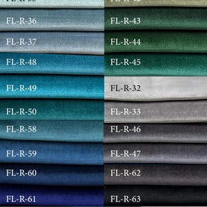 May include: A color swatch chart labeled FL-Royal Velvet displaying twenty-two strips of velvet fabric in various shades including light green, blue, teal, gold, olive, forest green, silver, gray, charcoal, and black, each marked with a code.