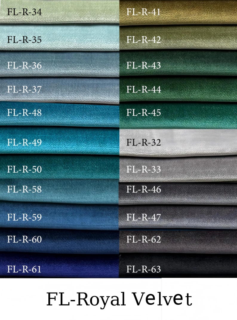 May include: A color swatch chart labeled FL-Royal Velvet displaying twenty-two strips of velvet fabric in various shades including light green, blue, teal, gold, olive, forest green, silver, gray, charcoal, and black, each marked with a code.
