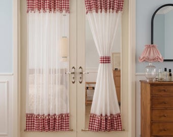 Custom Red Gingham Pom‑Pom French Door Curtain, Semi‑Sheer Rod Pocket Door Panel with Matching Tieback