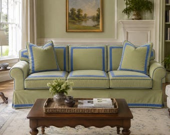 Custom Velvet Sofa Cover with Contrast Border Piping | Bespoke Two-Tone Couch Slipcover | Tailored Designer Furniture Protector