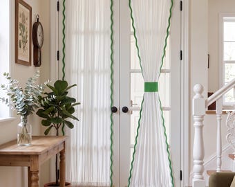 Custom Green Ric‑Rac Trim French Door Curtain, Semi‑Sheer Rod Pocket Door Panel with Matching Tieback