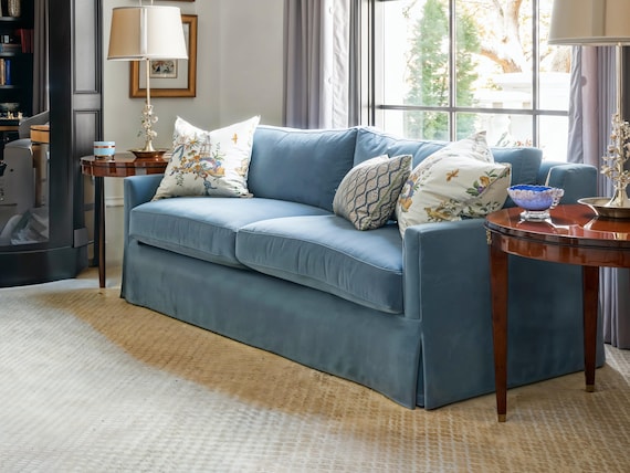 Blue Velvet Sofa Slipcover, Customizable Size and Style, Multiple Fabric Options