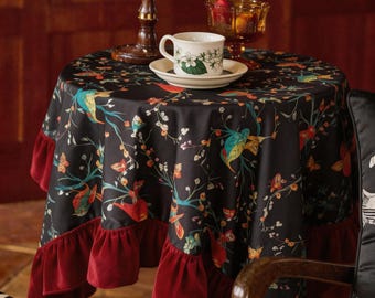 Dark Floral Hummingbird Print Tablecloth, Victorian Ruffled Velvet Edge Table Linen, Black and Red Gothic Table Topper for Parties