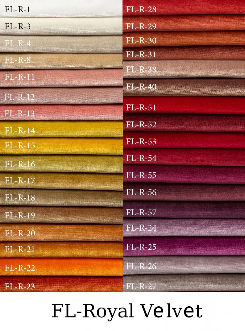 May include: A color swatch chart for FL-Royal Velvet fabric featuring two columns of stacked velvet textile samples in various shades including white, beige, pink, yellow, orange, red, purple, and grey, each labeled with a unique code.