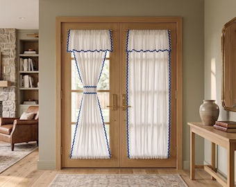 Custom Blue Ric‑Rac Trim French Door Curtain, Semi‑Sheer Rod Pocket Single Door Panel with Matching Tieback