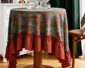 Bohemian Teal Paisley Print Tablecloth with Terracotta Ruffle Trim, Vintage Floral Round/Square Table Cover for Dining Room