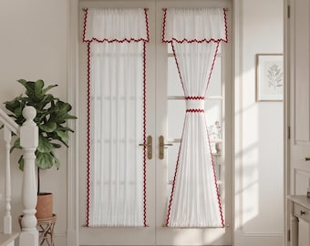 Custom Red Ric‑Rac Trim Linen French Door Curtain, Scalloped Valance Semi‑Sheer Door Panel, Rod Pocket Made‑to‑Measure Glass Door Curtain