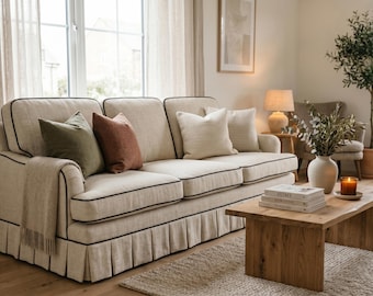 Custom Sofa Cover with Contrasting Piping | Elegant Gathered Skirt Slipcover