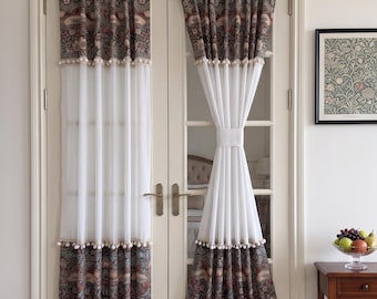 Custom Vintage Botanical Pom‑Pom French Door Curtain, Semi‑Sheer Rod Pocket Door Panel with Matching Fabric Tieback
