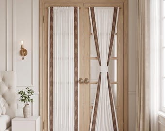 Custom Brown Woven Border French Door Curtain, Semi‑Sheer Rod Pocket Door Panel with Matching Fabric Tieback
