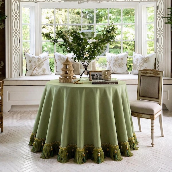 French Matcha Green Tablecloth with Tassel Trim | Embroidered Beaded Round Table Cover