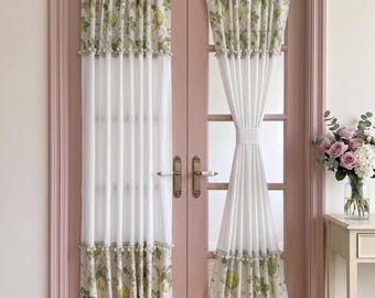 Custom Botanical Floral Pom‑Pom French Door Curtain, Semi‑Sheer Rod Pocket Door Panel with Matching Tieback