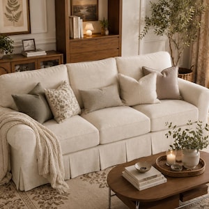 May include: A cream-colored three-cushion sofa with a pleated skirt base, featuring a textured fabric upholstery. The sofa is adorned with five decorative throw pillows in shades of sage green, floral print, and beige, plus a cream knit throw blanket.
