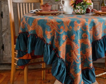 Paisley Floral Pattern Tablecloth with Double Teal Ruffle Skirt, Dining Table Cover, Moody Earthy Vintage Aesthetic Table Linens