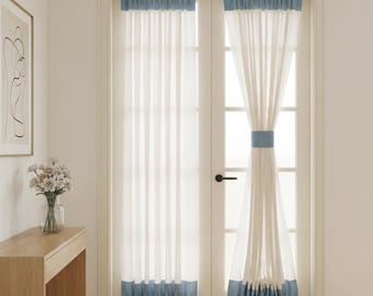 Custom Blue Woven Ruffle Trim French Door Curtain, Semi‑Sheer Rod Pocket Single Door Panel