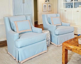 Baby Blue Linen Chair Cover with Ribbon | Corner Pleats | Replacement cover | Gift for Mom | Home Decor