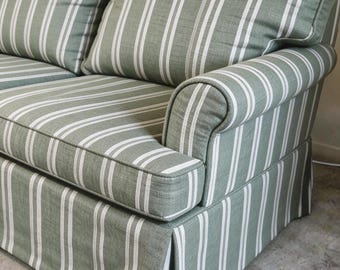 Distressed Mossy Green Stripe Linen Sofa Slipcover with Piping or French Seams | Perfectly-fitting Cover for Your Sofa | Scetionals | Chair