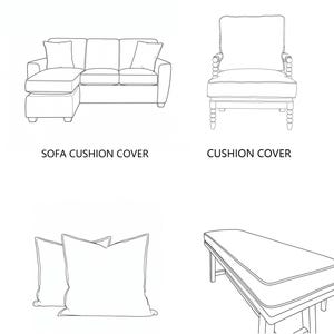 May include: A black and white line drawing showing four furniture items with the text CONDOMS CAN BE MADE. The items are labeled SOFA CUSHION COVER, CUSHION COVER, PILLOWCASE, and LONG CUSHION COVER, illustrating various textile covers for furniture.