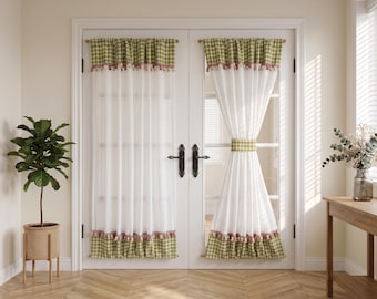 Custom Green Gingham Pom‑Pom French Door Curtain, Semi‑Sheer Rod Pocket Door Panel with Matching Tieback