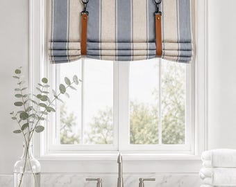 Light Blue Striped Roller Shade, Custom Door Curtains