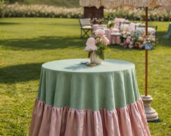French Country  Ruffled Tablecloth | Sage Green & Blush Pink Gathered Table Skirt for Events