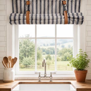 Black Striped Custom Roll-up Door Shade with Faux Leather Strap, Window Blind