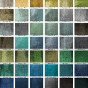 May include: A grid of velvet fabric swatches labeled Velvet Color Options with codes ranging from Windsor-71 to Windsor-116. The display features a wide variety of colors including shades of gray, yellow, green, blue, teal, and brown in a textured finish.