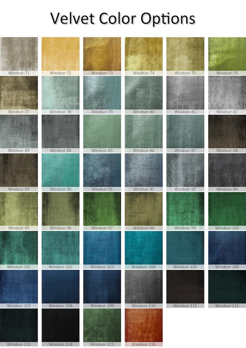 May include: A grid of velvet fabric swatches labeled Velvet Color Options with codes ranging from Windsor-71 to Windsor-116. The display features a wide variety of colors including shades of gray, yellow, green, blue, teal, and brown in a textured finish.