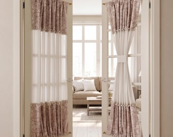 Custom Dusty Mauve Floral Pom‑Pom French Door Curtain, Semi‑Sheer Rod Pocket Door Panel with Matching Tieback