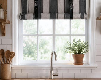 Black and Grey Striped  Window Roller Shades, Door Privacy Blind