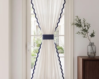 Custom Scallop Trim Linen Door Curtain, Navy Blue Ric Rac Trim French Door Panel, Sheer Privacy Door Window Curtain