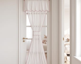 Custom Pink Ric‑Rac Trim French Door Curtain with Scalloped Valance, Semi‑Sheer Rod Pocket Door Panel & Matching Tieback