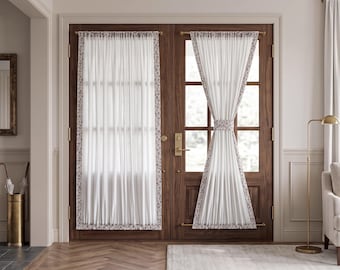 Custom Lavender Floral Border French Door Curtain, Semi‑Sheer Rod Pocket Door Panel with Matching Floral Tieback