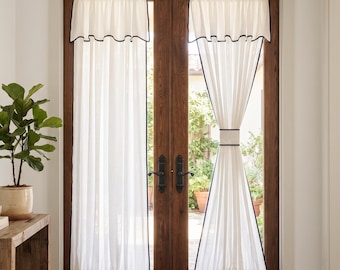 Custom Scallop Valance Linen French Door Curtain, Ric‑Rac Trim Semi‑Sheer Door Panel, Rod Pocket Custom Size Glass Door Curtain