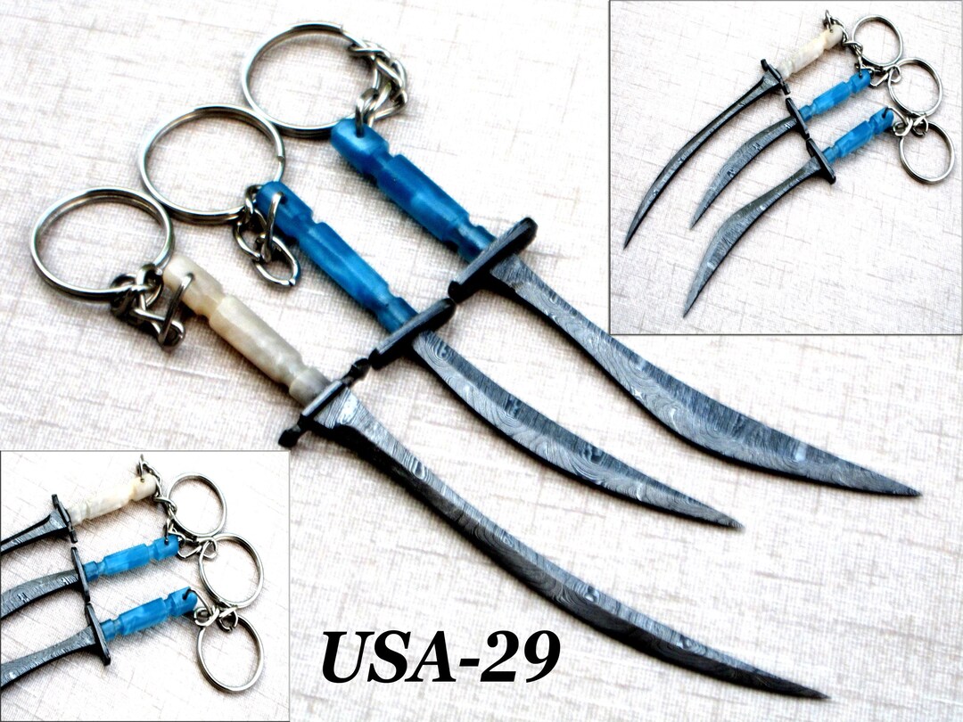 Handmade Damascus Steel Curved Mini Sword Keychain – Blue & White ...
