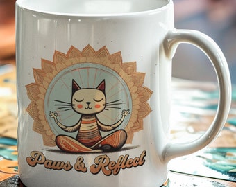 Cat Yoga Mug: "Paws & Reflect" Meditating Feline Gift
