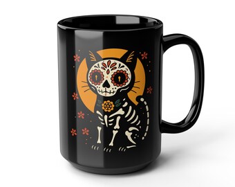 Day of the Dead Cat Mug, Halloween Coffee Cup, Spooky Black Cat Kitchen Decor, Halloween Party Gift, 15oz Mug