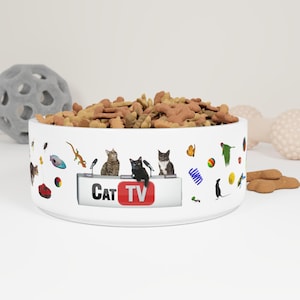 Cat Food Bowl- 16oz Ceramic Pet Dish | Funny Cat Bowl from YouTube Channel Cat TV Games | Cute Gift for Cat Lovers | Glazed Ceramic
