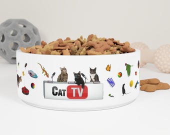 Cat TV Games Food Bowl: 16oz Glazed Ceramic Pet Dish