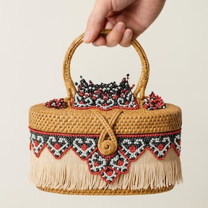 Handmade Dayak Tribal Beaded Rattan Tote Bag – Vintage Ethnic Straw Purse from Borneo, Unique Boho Woven Handbag
