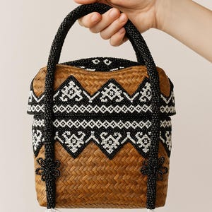 Handmade Dayak Beaded Rattan Bag – Ethnic Tribal Woven Tote with Beads – Unique Borneo Handcrafted Shoulder Purse