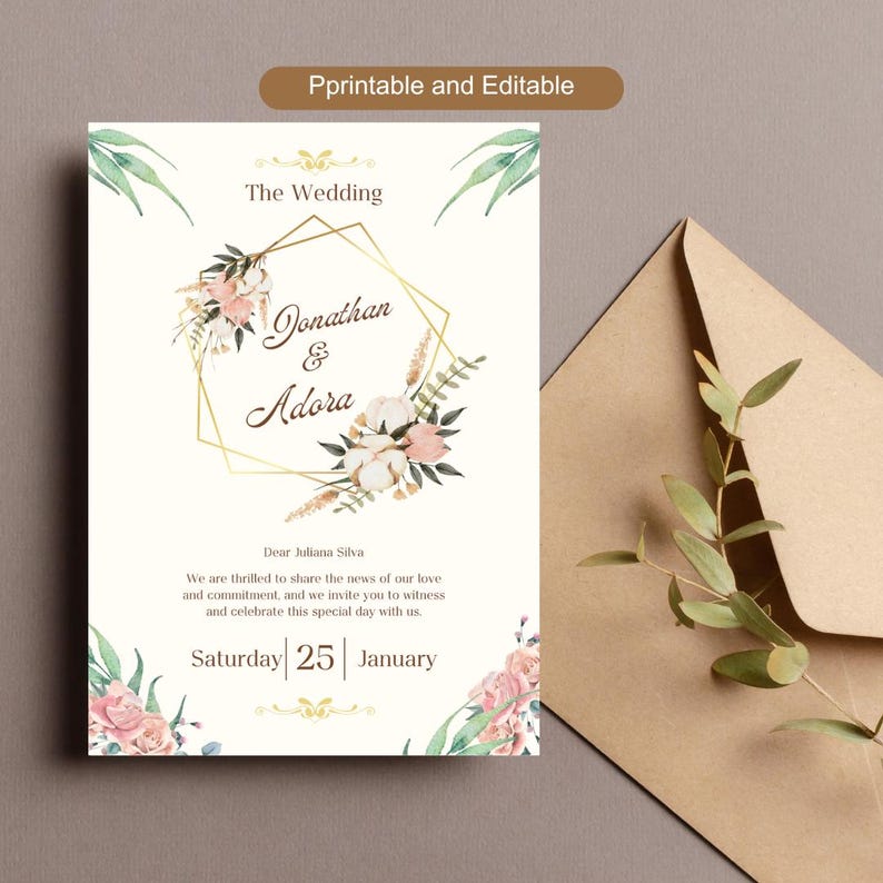 May include: A printable wedding invitation with a gold geometric frame and watercolor floral design. The invitation reads "The Wedding Donathan & Adora" and includes the date "Saturday 25 January".