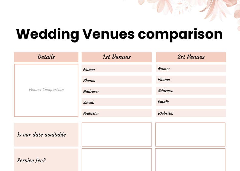 May include: A white wedding venues comparison chart with soft pink accents and floral graphics at the top. The document features columns for 1st Venues and 2nd Venues, including fields for name, phone, address, email, website, date availability, and service fee.