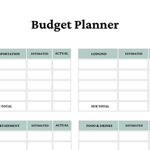 Puede incluir: Un documento de planificador de presupuesto con el t&iacute;tulo Budget Planner en texto negro. El dise&ntilde;o incluye cuatro secciones etiquetadas como Transportation, Lodgind, Entertainment y Food & Drinks, cada una con columnas para gastos estimados y reales.