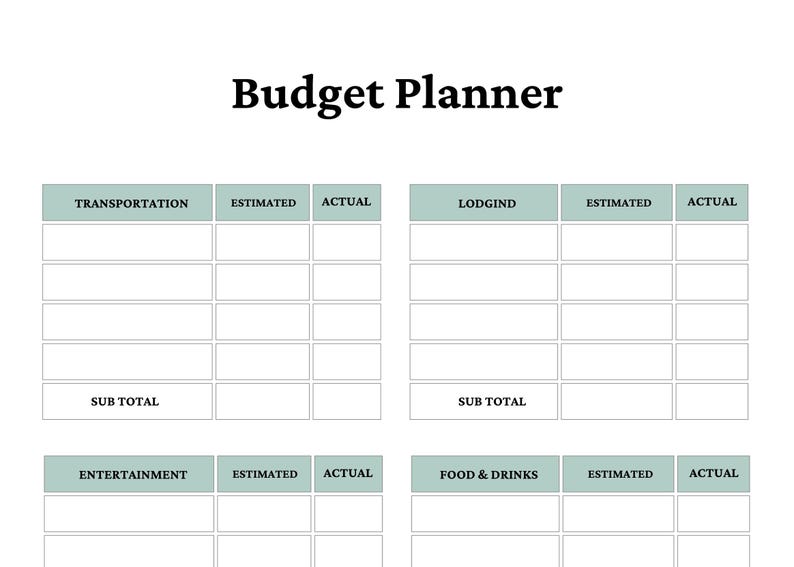 Puede incluir: Un documento de planificador de presupuesto con el t&iacute;tulo Budget Planner en texto negro. El dise&ntilde;o incluye cuatro secciones etiquetadas como Transportation, Lodgind, Entertainment y Food & Drinks, cada una con columnas para gastos estimados y reales.