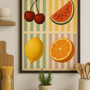 May include: A framed print featuring illustrations of cherries, a watermelon slice, a lemon, and an orange half. The background has vertical stripes in green, yellow, and purple. The print is displayed in a kitchen setting.