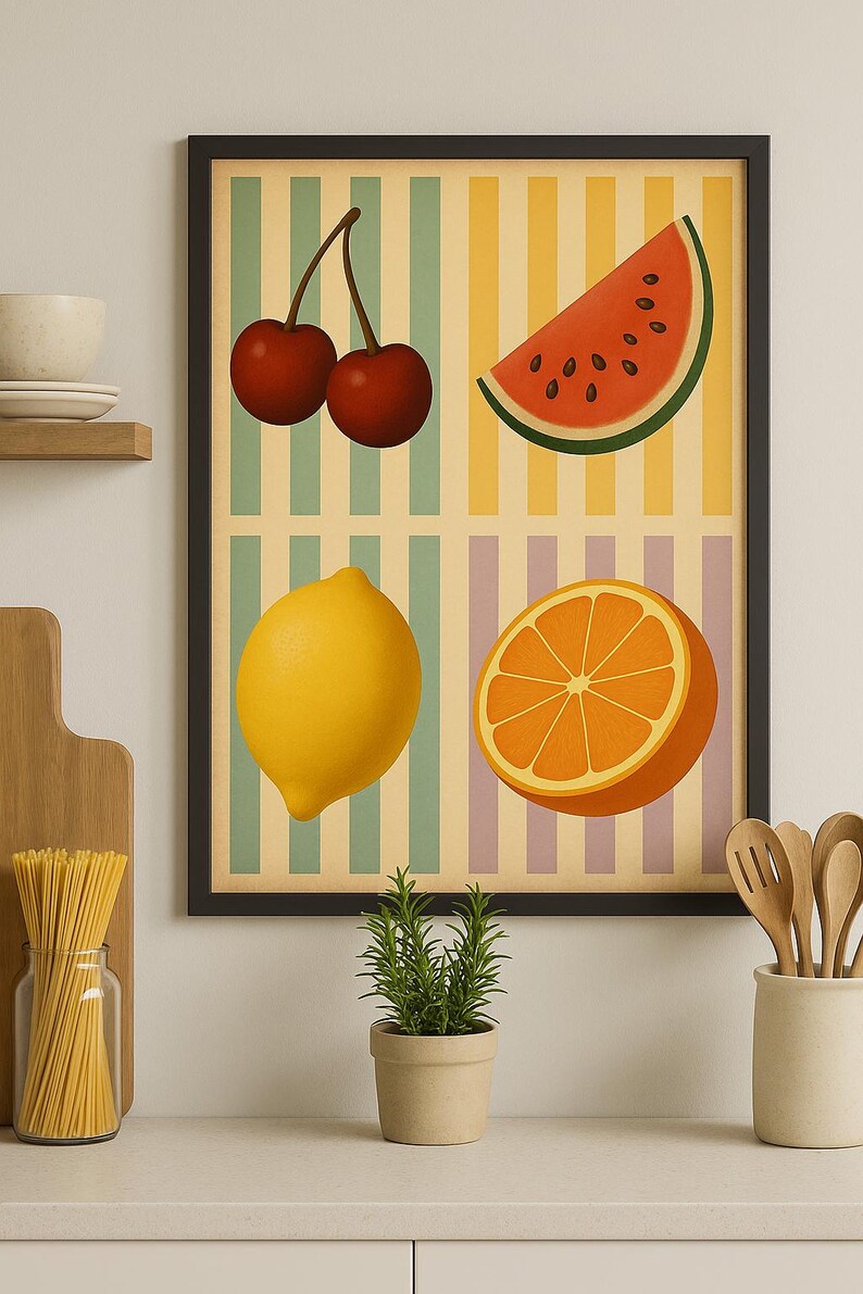 May include: A framed print featuring illustrations of cherries, a watermelon slice, a lemon, and an orange half. The background has vertical stripes in green, yellow, and purple. The print is displayed in a kitchen setting.