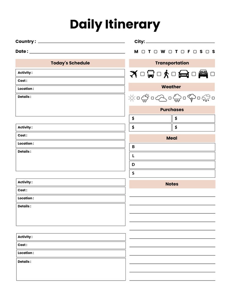 Op de afbeelding: Een zwart-witte Daily Itinerary plannerpagina met secties voor land, stad, datum en dagen van de week. Het bevat velden voor het dagschema, vervoer, weer, aankopen, maaltijden en notities met selectievakjes en diverse iconen.